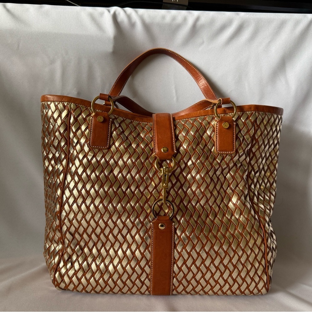 Lambertson Truex Woven Metallic Gold & Tan Tote Bag with Leather Trim